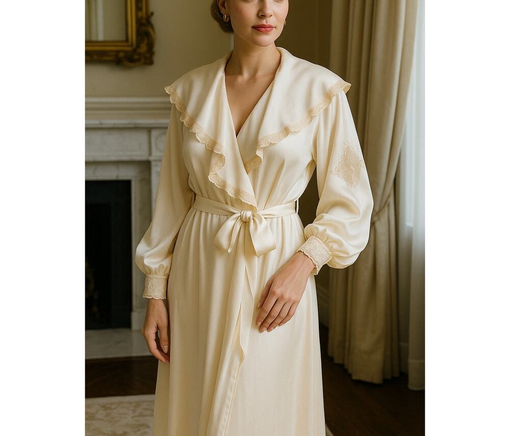 Vintage Etienne Cream Lace Trim Robe Women’s Small Elegant Satin Peignoir